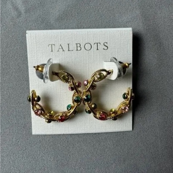 Talbots Gold Hoop Earrings Multicolored Rhinestones NEW - Picture 1 of 2